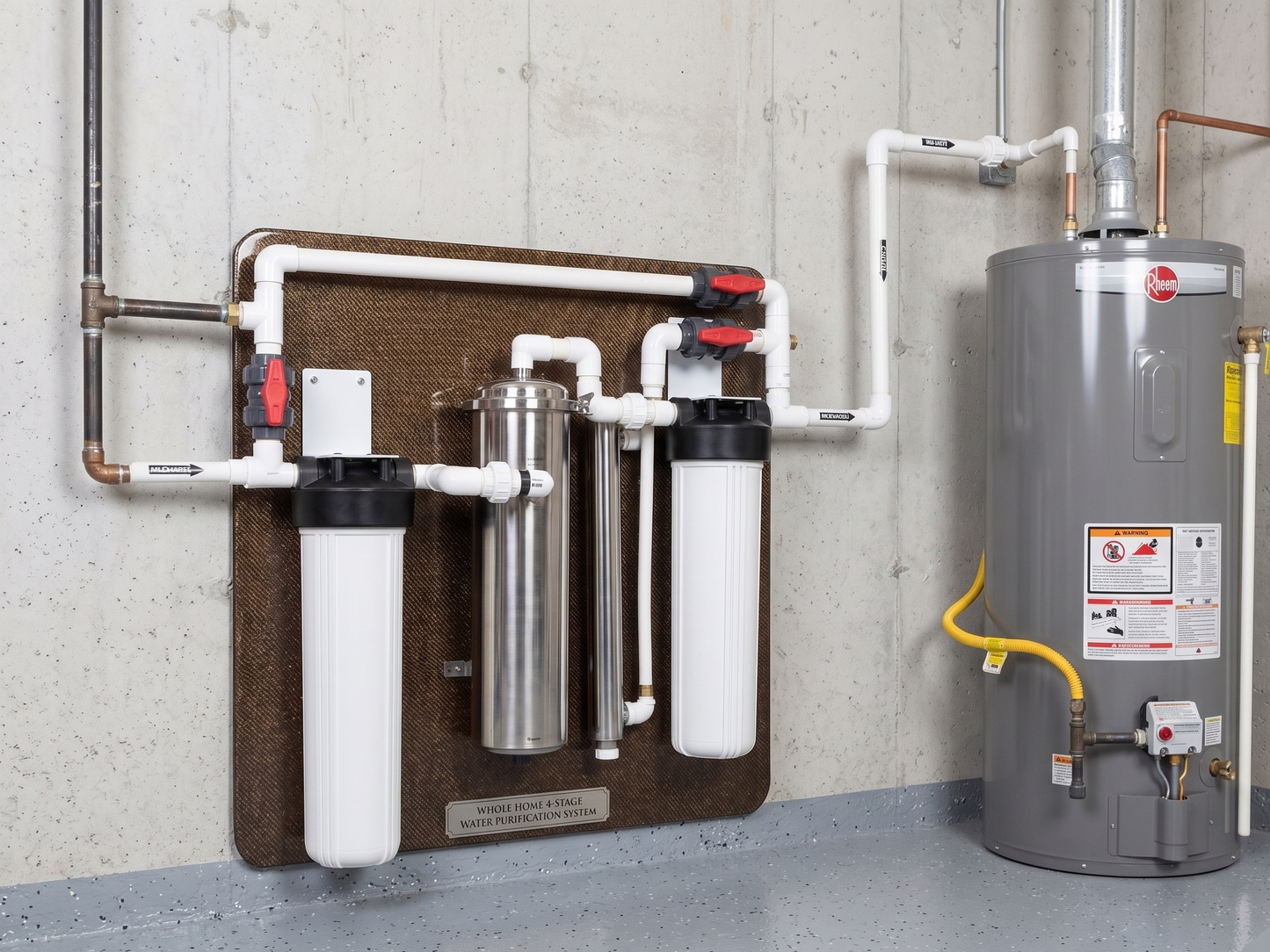 Water filtration system and water heater mounted on a concrete wall.