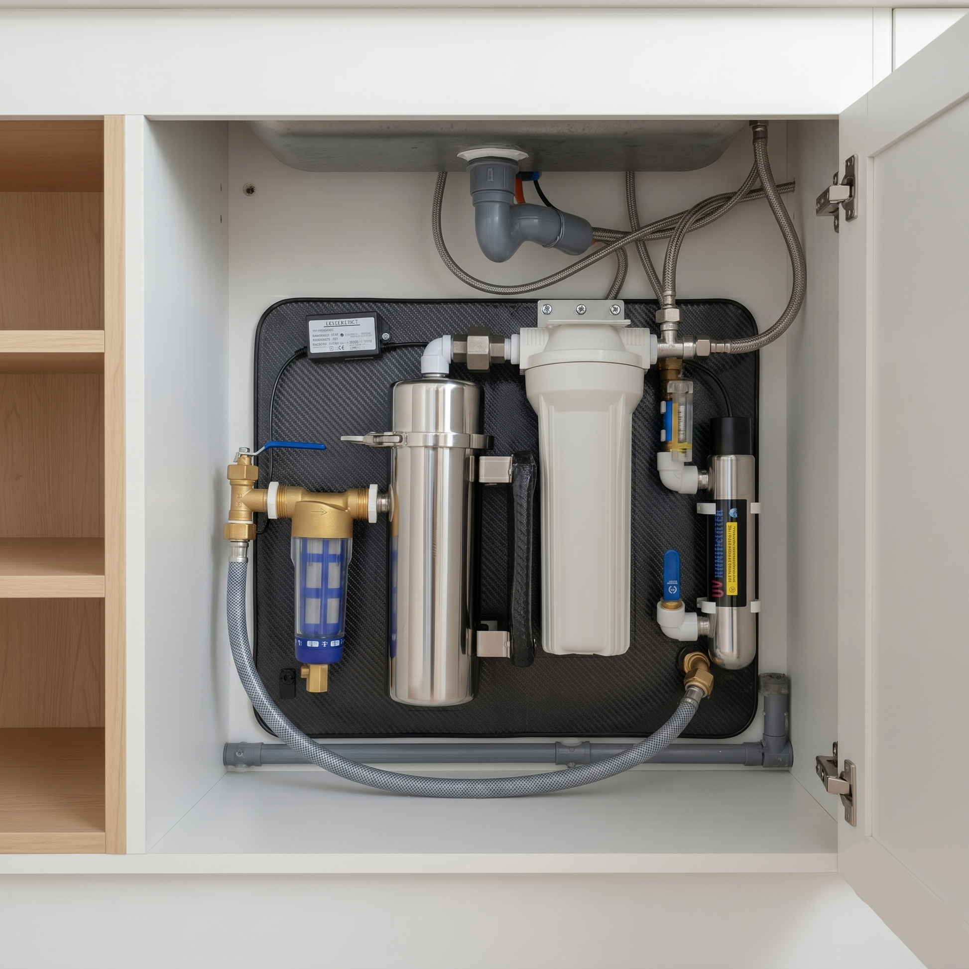 Under-sink water filtration system installed in a kitchen cabinet.
