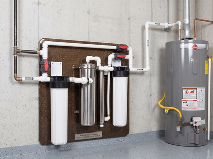 Water filtration system and water heater mounted on a concrete wall.